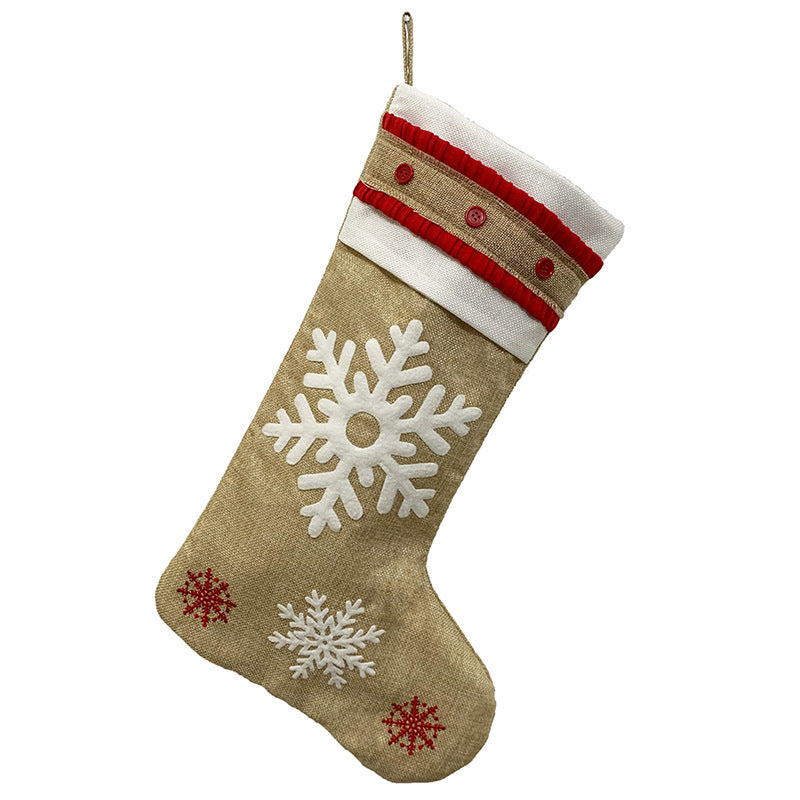 HKM-064787 Vintage Linen Christmas Stockings with Snowman, Deer, and Snowflake Designs