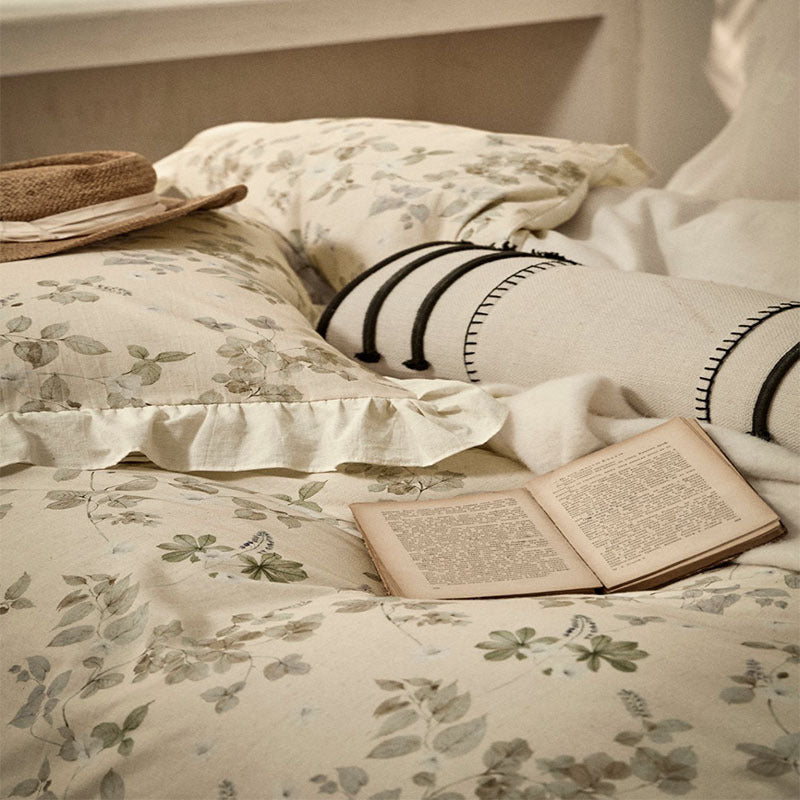 HKM-065171 Floral Cotton and Linen Yarn-Dyed Bedding Set - Quilt Cover, Bed Sheet, Pillowcases