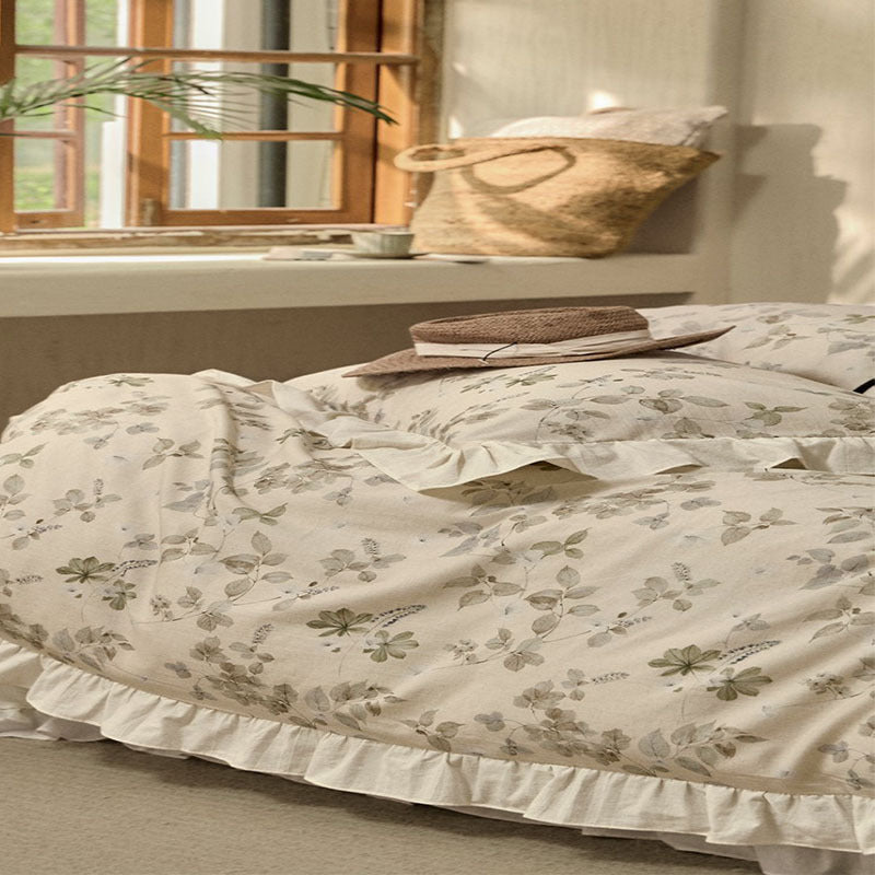 HKM-065171 Floral Cotton and Linen Yarn-Dyed Bedding Set - Quilt Cover, Bed Sheet, Pillowcases