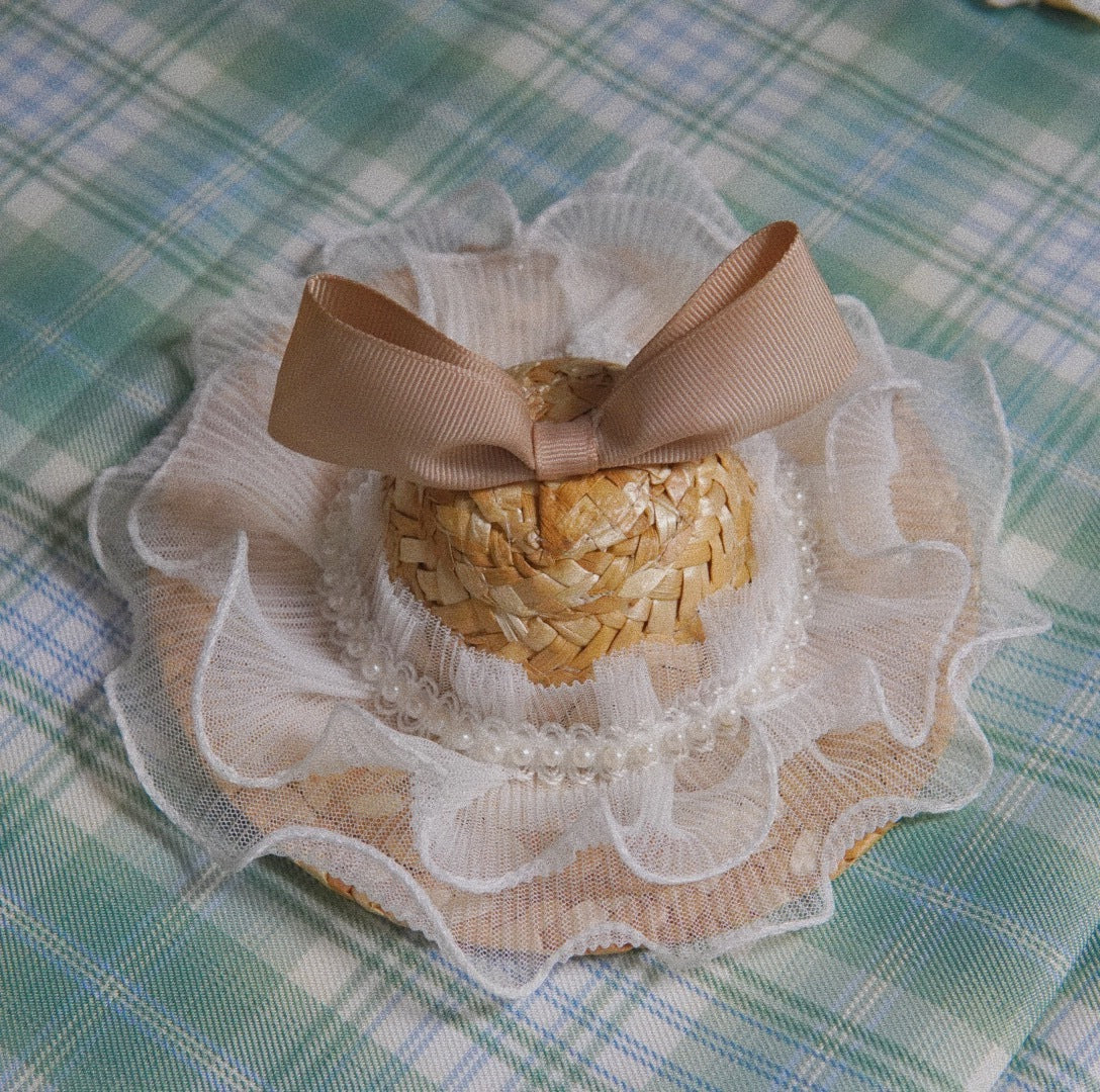 HKM-065491 Elegant Straw Pet Hat for Dogs and Cats - Princess Style Headdress with Silk and Satin Accents in Various Colors