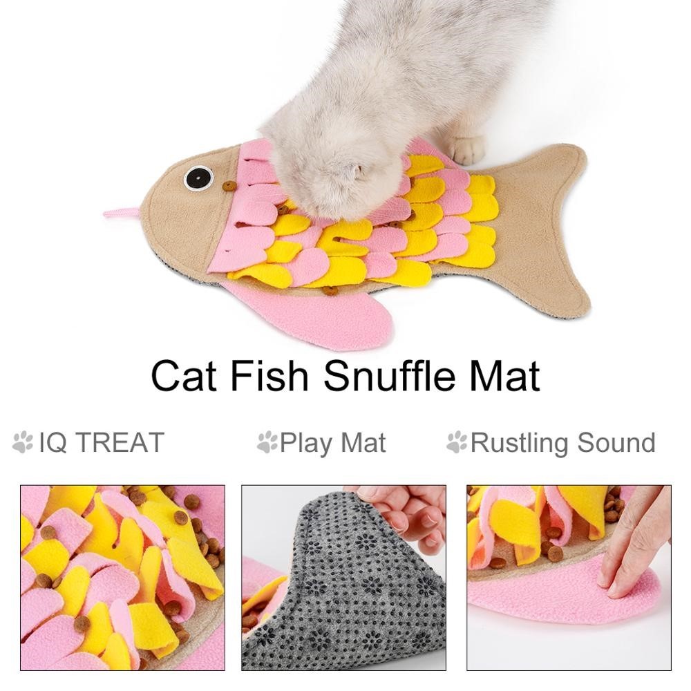 HKM-066515 Fish-Shaped Sniffing Blanket for Cats - Interactive Training Toy in Pink, Soft Polar Fleece Material, 36*26CM