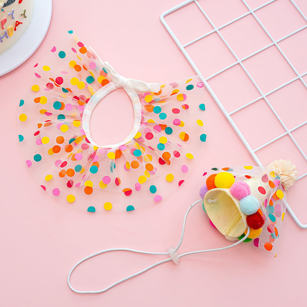 HKM-066643 Colorful Polka Dot Lace Dog Birthday Suit with Hat and Water Towel - Sizes S to L