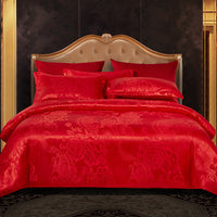 HKM-066643 Silk Jacquard Four-Piece Bedding Set with Bed Sheet, Duvet Cover, and Pillowcases