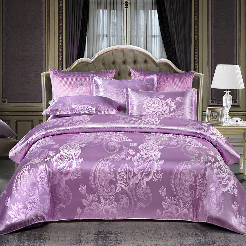 HKM-066643 Silk Jacquard Four-Piece Bedding Set with Bed Sheet, Duvet Cover, and Pillowcases