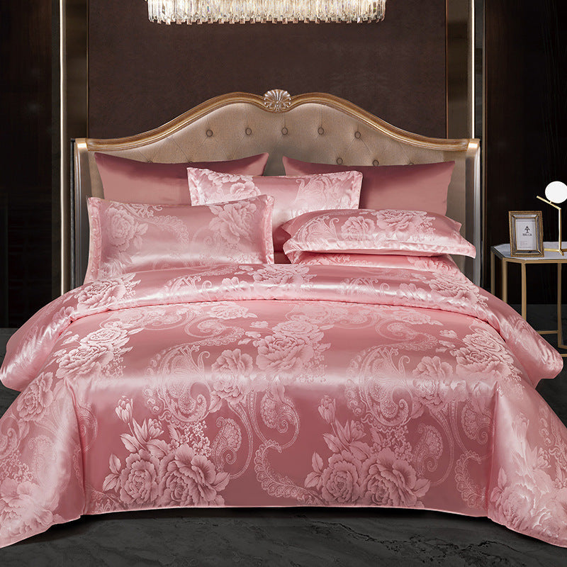 HKM-066643 Silk Jacquard Four-Piece Bedding Set with Bed Sheet, Duvet Cover, and Pillowcases