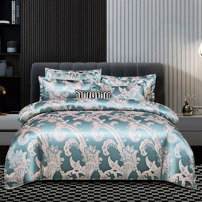 HKM-066643 Silk Jacquard Four-Piece Bedding Set with Bed Sheet, Duvet Cover, and Pillowcases