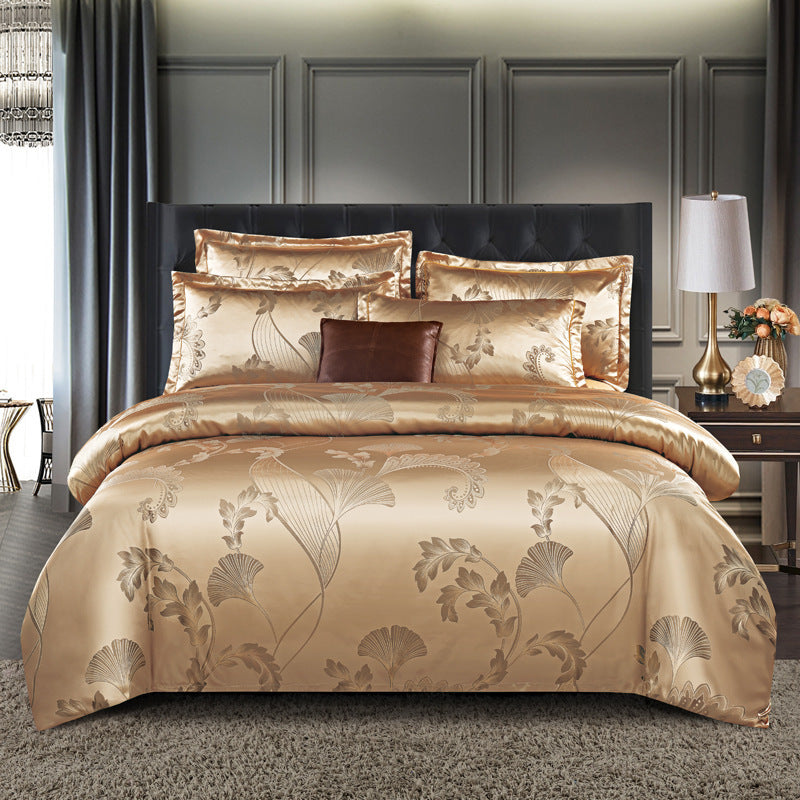 HKM-066643 Silk Jacquard Four-Piece Bedding Set with Bed Sheet, Duvet Cover, and Pillowcases