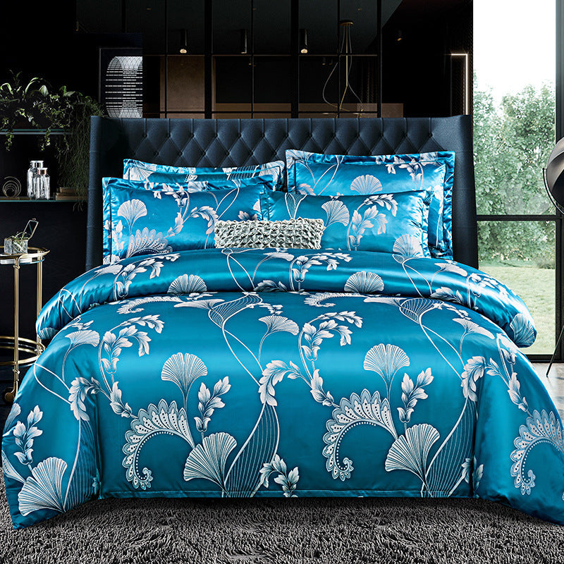 HKM-066643 Silk Jacquard Four-Piece Bedding Set with Bed Sheet, Duvet Cover, and Pillowcases