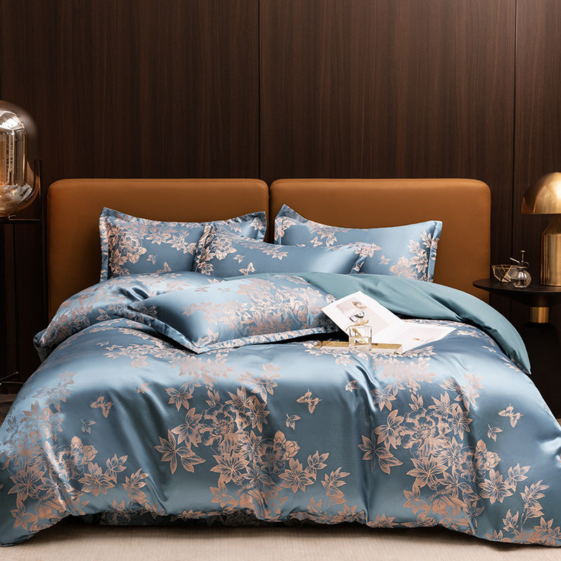 HKM-066643 Silk Jacquard Four-Piece Bedding Set with Bed Sheet, Duvet Cover, and Pillowcases