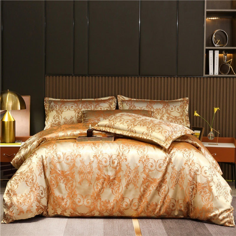 HKM-066643 Silk Jacquard Four-Piece Bedding Set with Bed Sheet, Duvet Cover, and Pillowcases