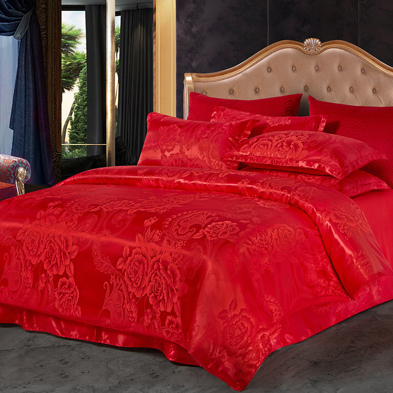 HKM-066643 Silk Jacquard Four-Piece Bedding Set with Bed Sheet, Duvet Cover, and Pillowcases