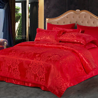 HKM-066643 Silk Jacquard Four-Piece Bedding Set with Bed Sheet, Duvet Cover, and Pillowcases