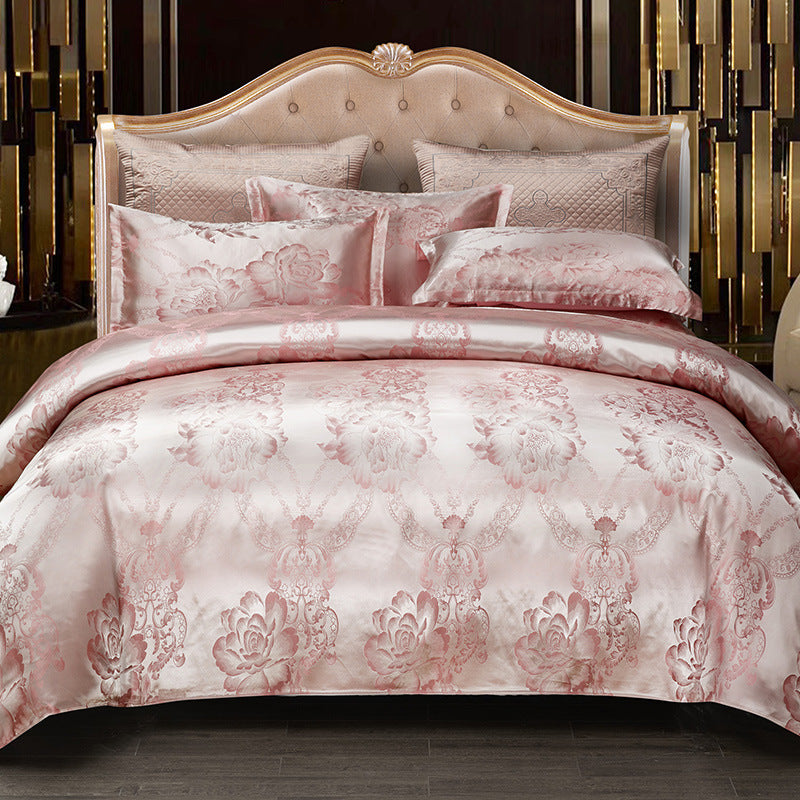HKM-066643 Silk Jacquard Four-Piece Bedding Set with Bed Sheet, Duvet Cover, and Pillowcases