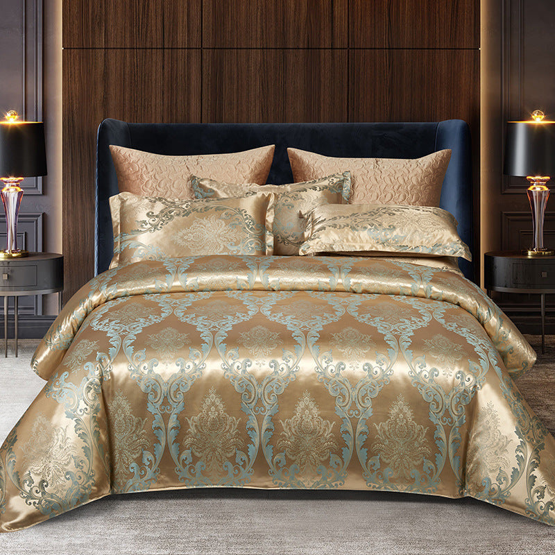 HKM-066643 Silk Jacquard Four-Piece Bedding Set with Bed Sheet, Duvet Cover, and Pillowcases