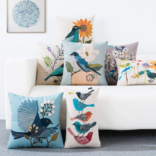 HKM-066707 Country Pastoral Floral and Bird Cushion Cover, Cotton and Linen Pillowcase 45x45cm and 30x50cm Sizes