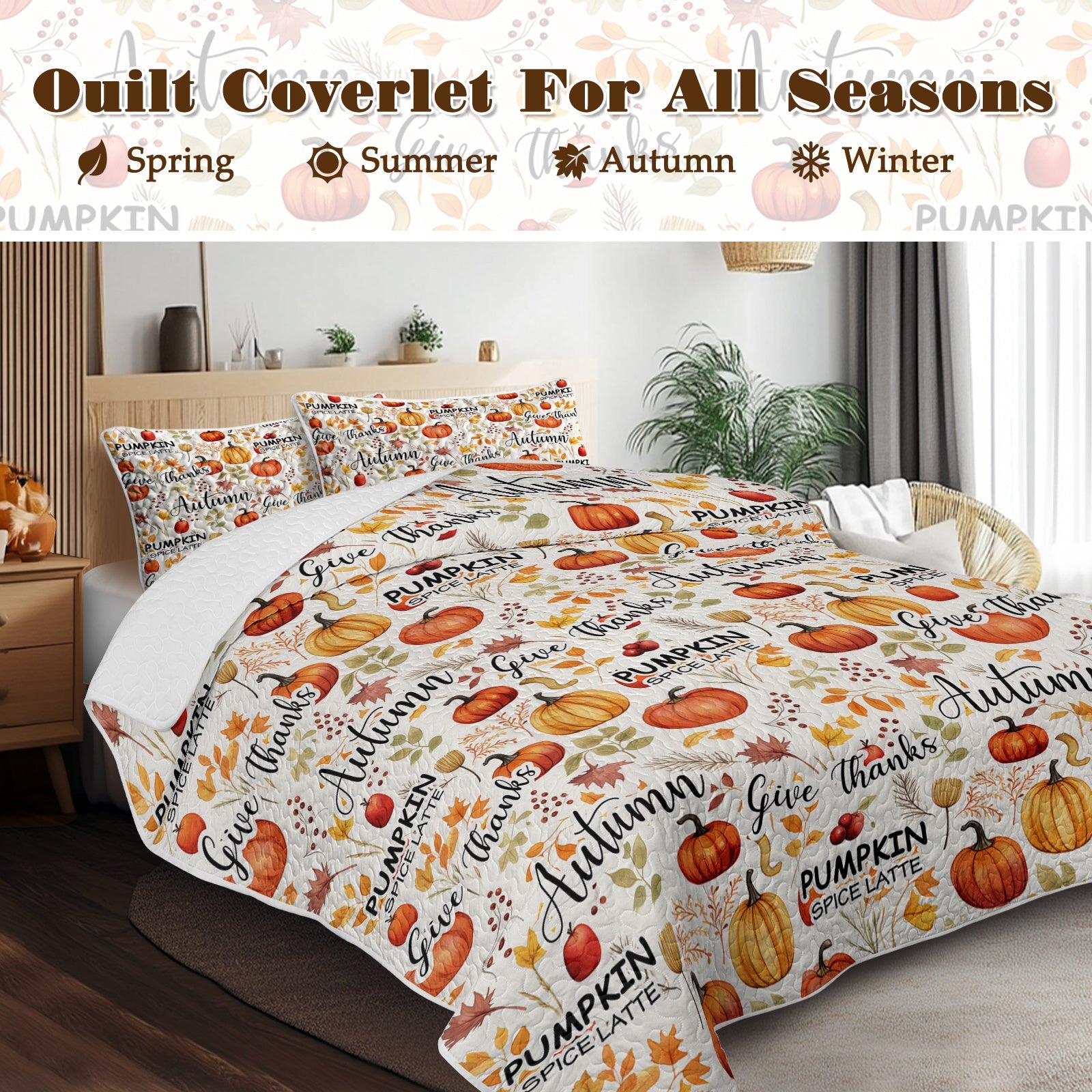 HKM-067475 Autumn Leaves Quilt Set for All Seasons - Includes Quilt and Pillow Shams, Multiple Sizes Available