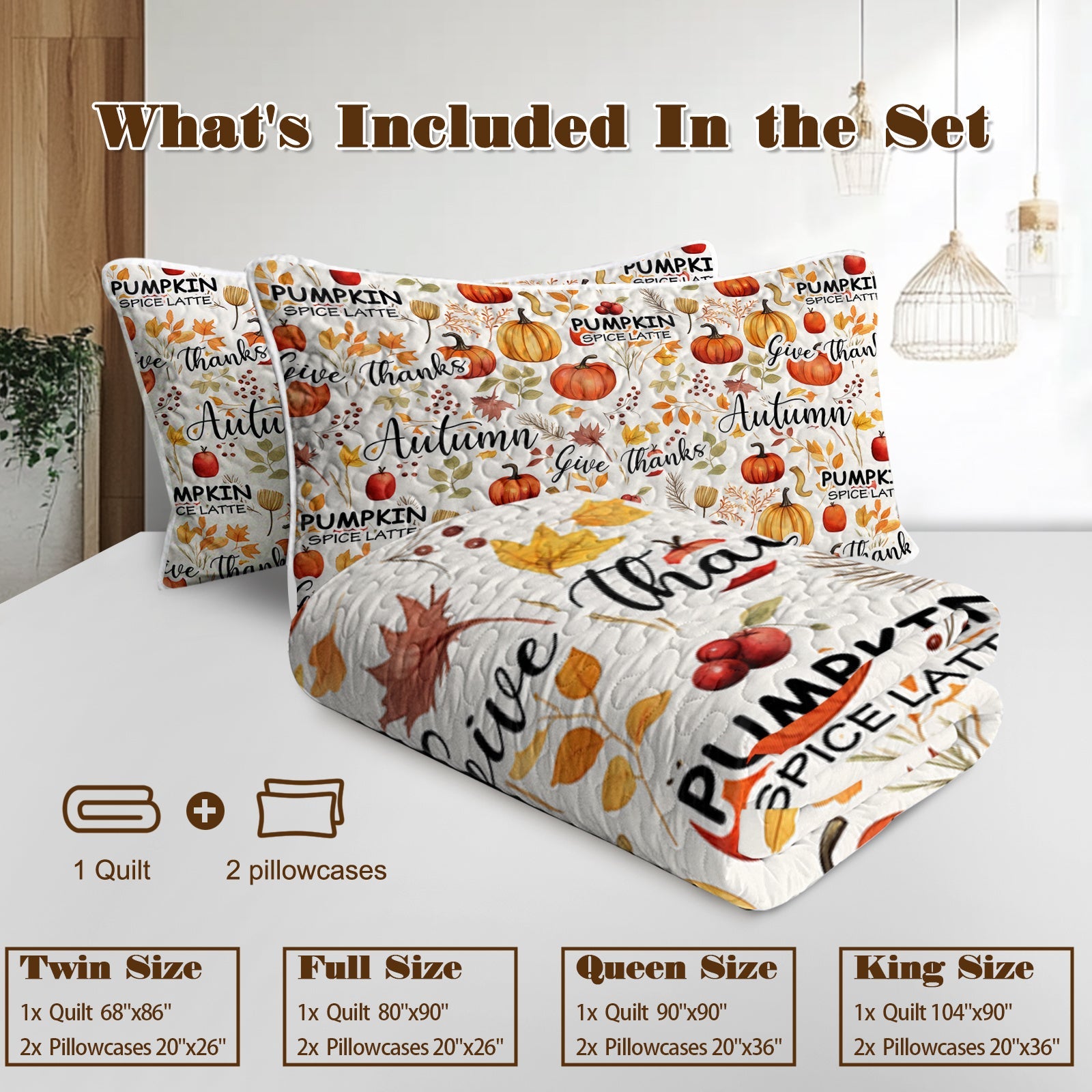 HKM-067475 Autumn Leaves Quilt Set for All Seasons - Includes Quilt and Pillow Shams, Multiple Sizes Available