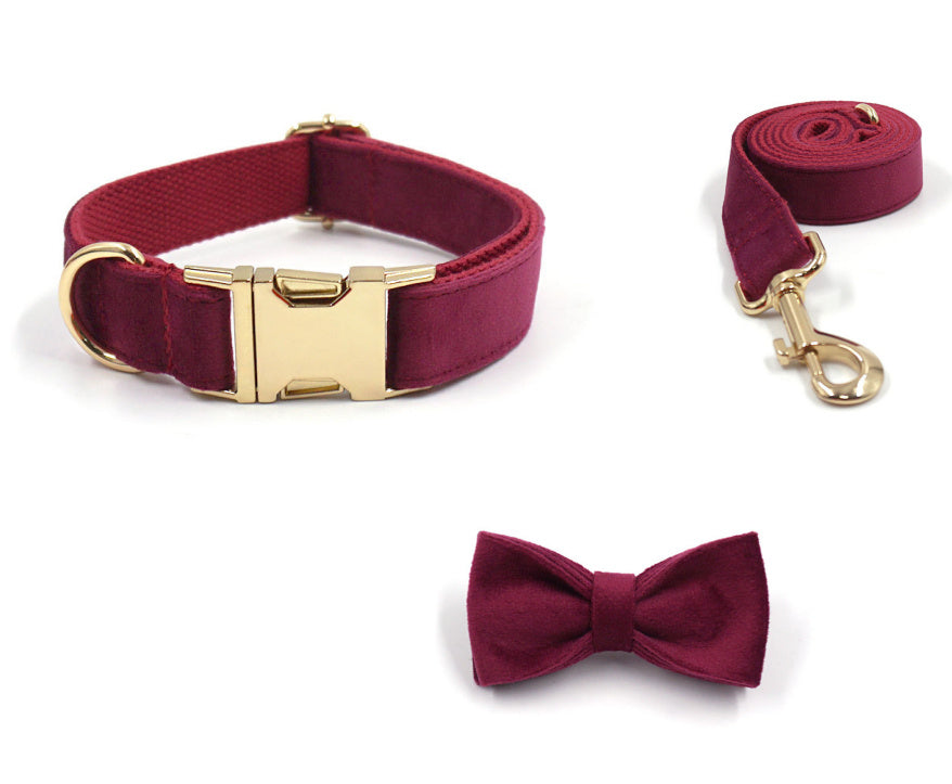 HKM-067987 Soft Burgundy Velvet Dog Collar with Personalized Engraving Option and Matching Leash