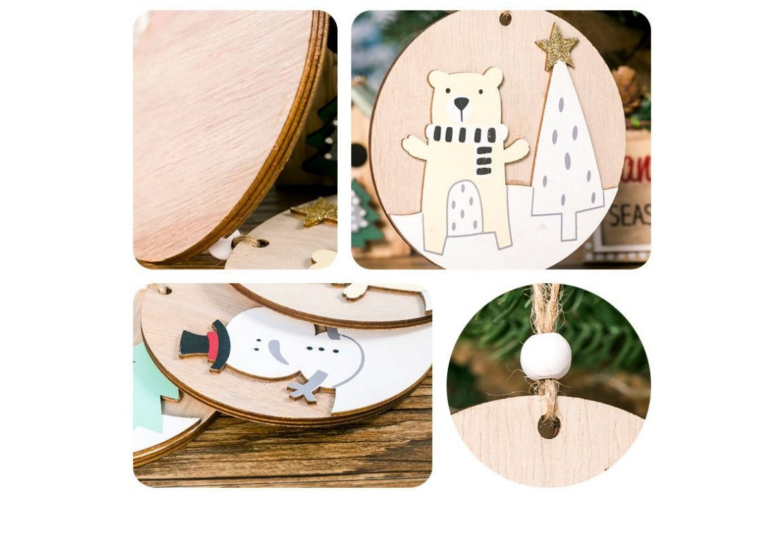 HKM-068243 Wooden Christmas Ornament Plaque Pendant - Elk, Bear, Snowman - 10cm x 10cm