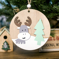 HKM-068243 Wooden Christmas Ornament Plaque Pendant - Elk, Bear, Snowman - 10cm x 10cm