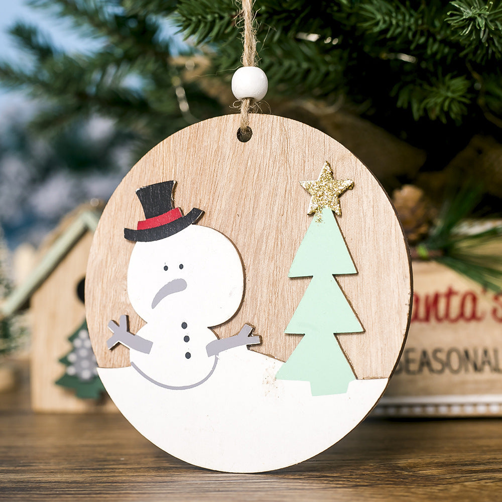 HKM-068243 Wooden Christmas Ornament Plaque Pendant - Elk, Bear, Snowman - 10cm x 10cm