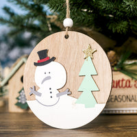 HKM-068243 Wooden Christmas Ornament Plaque Pendant - Elk, Bear, Snowman - 10cm x 10cm