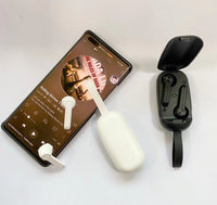 HKM-068371 Clamshell Bluetooth Earplugs with Call Function and Voice Control - Portable Stereo Earphones in Black and White
