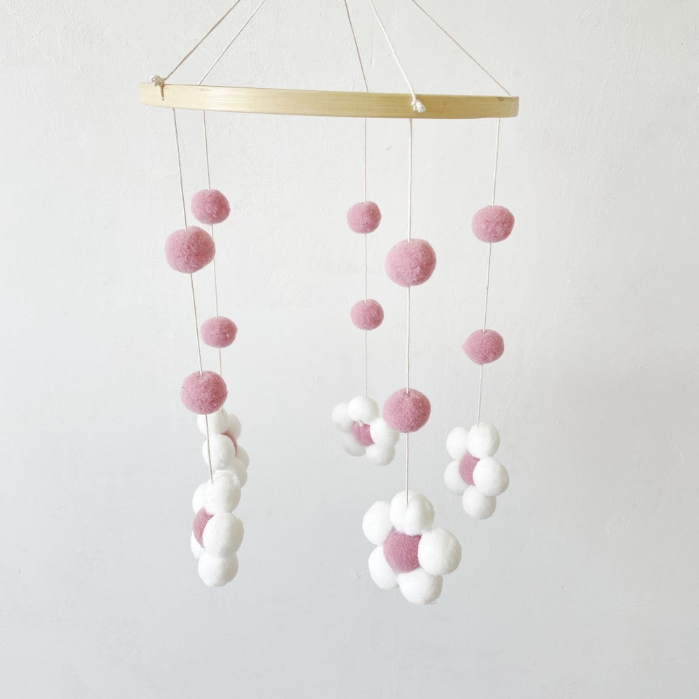 HKM-068563 Handmade Wooden Flower Wind Chimes in Pink and Coffee Tones, 30 x 50CM