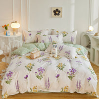 HKM-069779 Modern Plant and Flower Fitted Sheet and Quilt Cover Bed Set - Four Piece Bedding Set