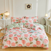 HKM-069779 Modern Plant and Flower Fitted Sheet and Quilt Cover Bed Set - Four Piece Bedding Set