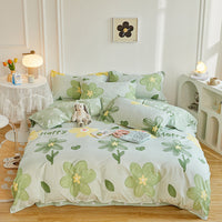HKM-069779 Modern Plant and Flower Fitted Sheet and Quilt Cover Bed Set - Four Piece Bedding Set