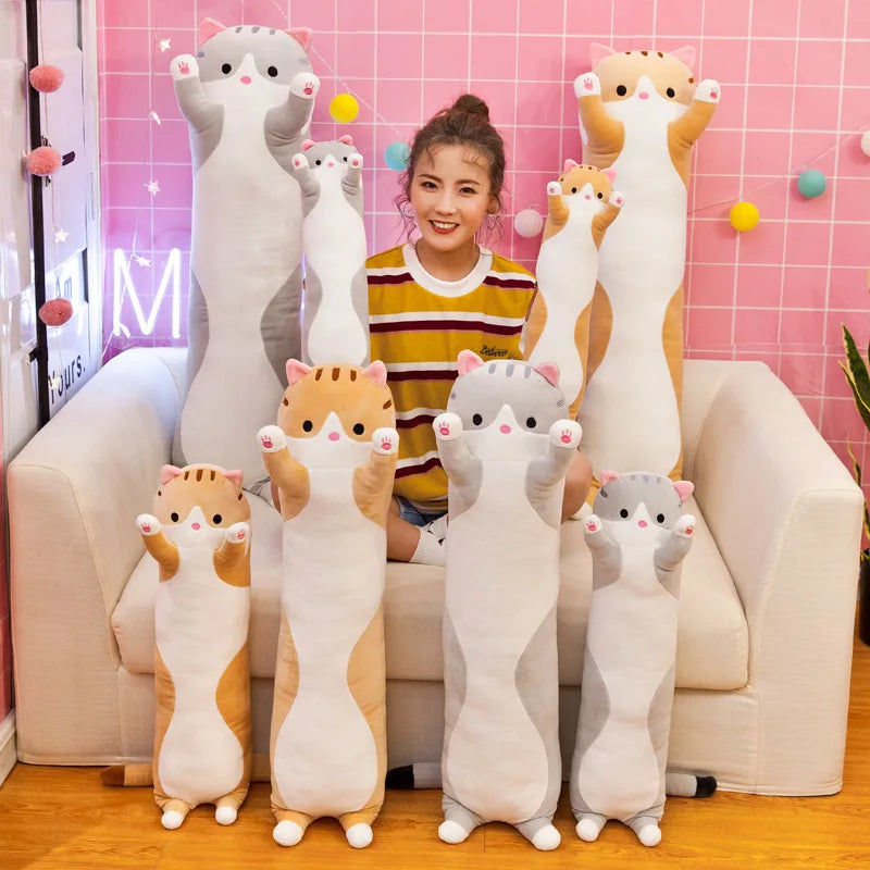 KTX-070035 Cute Cartoon Cat Plush Pillow - Soft Long Cat Stuffed Toy for Kids, Home Decoration - Available in Various Sizes