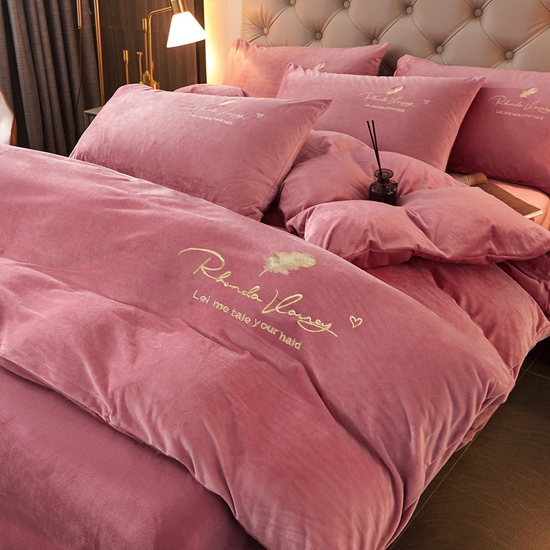 HKM-070099 Winter Coral Fleece Duvet Cover Set with Velvet Flannel Bed Sheet - Four-Piece Bedding Set for Various Bed Sizes