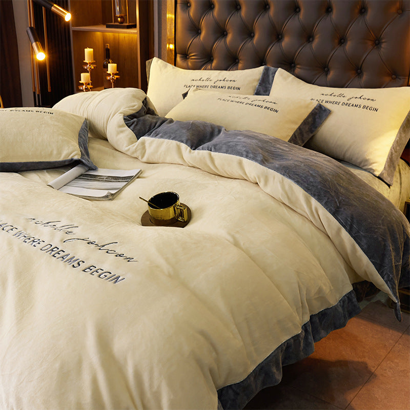HKM-070099 Winter Coral Fleece Duvet Cover Set with Velvet Flannel Bed Sheet - Four-Piece Bedding Set for Various Bed Sizes