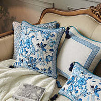 HKM-070163 Blue and White Porcelain Chinese Style Cushion Cover - Linen Plant and Flower Design, Multiple Sizes Available