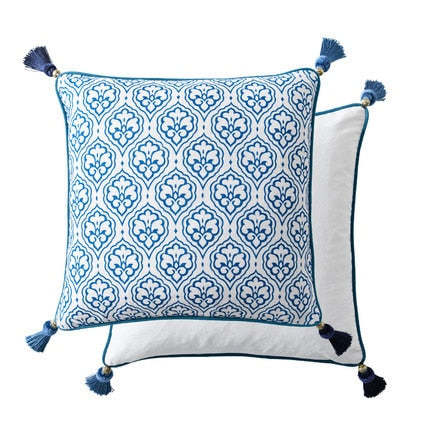 HKM-070163 Blue and White Porcelain Chinese Style Cushion Cover - Linen Plant and Flower Design, Multiple Sizes Available