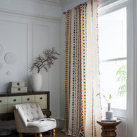HKM-071635 Colorful Cotton and Linen Bohemian Style Printed Curtain with Geometric Fur Balls