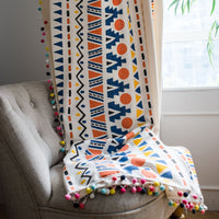 HKM-071635 Colorful Cotton and Linen Bohemian Style Printed Curtain with Geometric Fur Balls