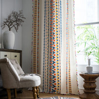 HKM-071635 Colorful Cotton and Linen Bohemian Style Printed Curtain with Geometric Fur Balls