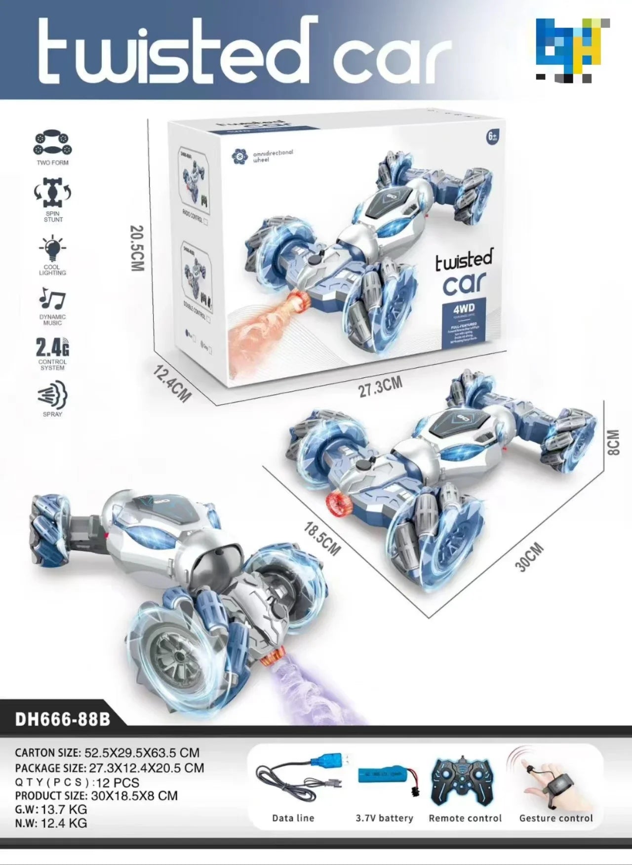 HKM-072083 Double Sided Stunt RC Twister Car with Gesture Control, Lights, and Music - Indoor/Outdoor Fun
