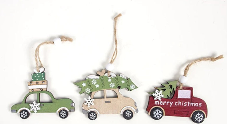 HKM-072531 Wooden Creative Christmas Tree Pendant with Animal and Car Designs