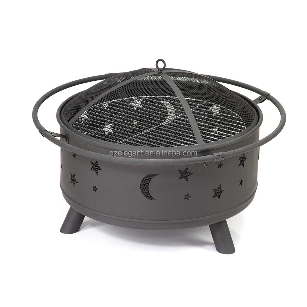 KTX-072595 Elegant Outdoor BBQ Grill and Fire Pit in Black Metal with Powder Coating - Versatile Charcoal and Gas Options