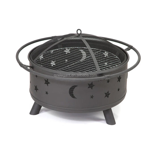 KTX-072595 Elegant Outdoor BBQ Grill and Fire Pit in Black Metal with Powder Coating - Versatile Charcoal and Gas Options