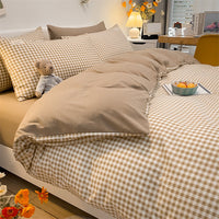 HKM-073555 Cotton Plaid Striped 4-Piece Bedding Set with Duvet Cover, Sheet, and Pillowcases