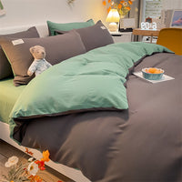 HKM-073555 Cotton Plaid Striped 4-Piece Bedding Set with Duvet Cover, Sheet, and Pillowcases