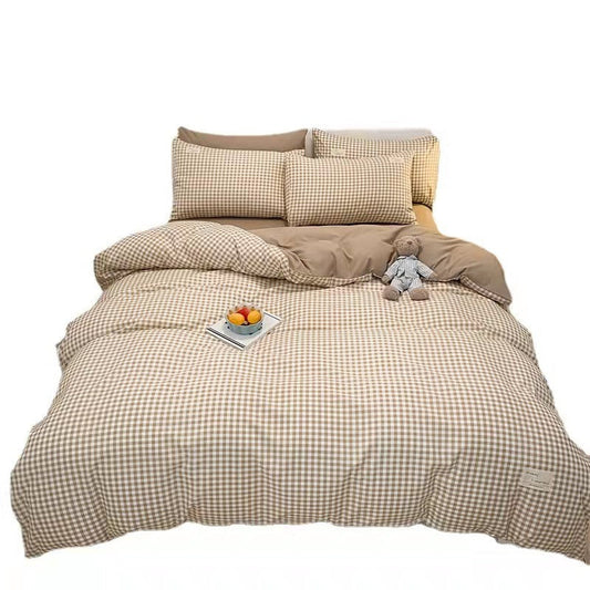 HKM-073555 Cotton Plaid Striped 4-Piece Bedding Set with Duvet Cover, Sheet, and Pillowcases