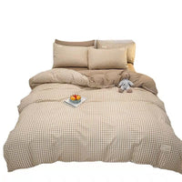 HKM-073555 Cotton Plaid Striped 4-Piece Bedding Set with Duvet Cover, Sheet, and Pillowcases