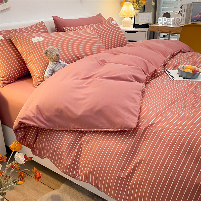 HKM-073555 Cotton Plaid Striped 4-Piece Bedding Set with Duvet Cover, Sheet, and Pillowcases