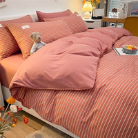 HKM-073555 Cotton Plaid Striped 4-Piece Bedding Set with Duvet Cover, Sheet, and Pillowcases