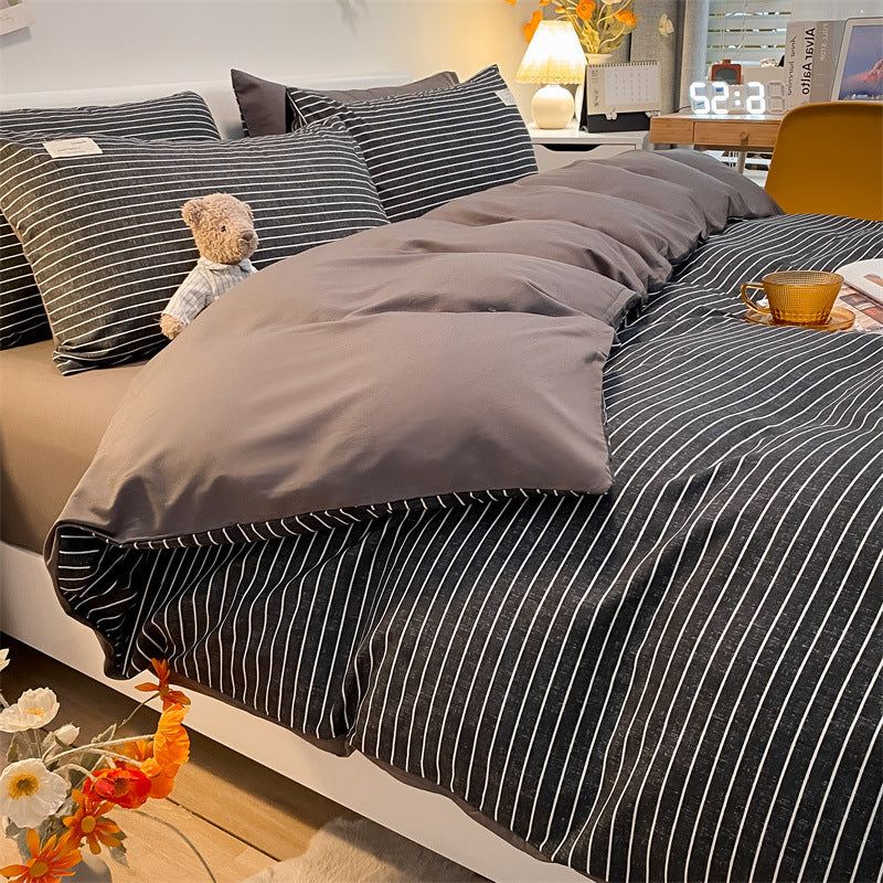 HKM-073555 Cotton Plaid Striped 4-Piece Bedding Set with Duvet Cover, Sheet, and Pillowcases